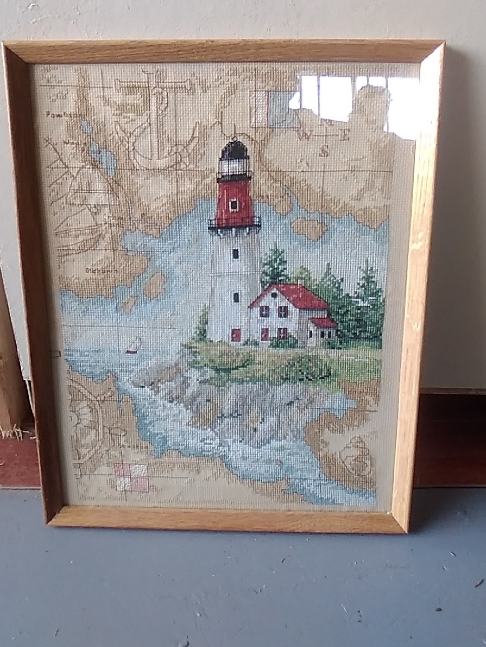 Framed Lighthouse Needlepoint Art with Red Roof